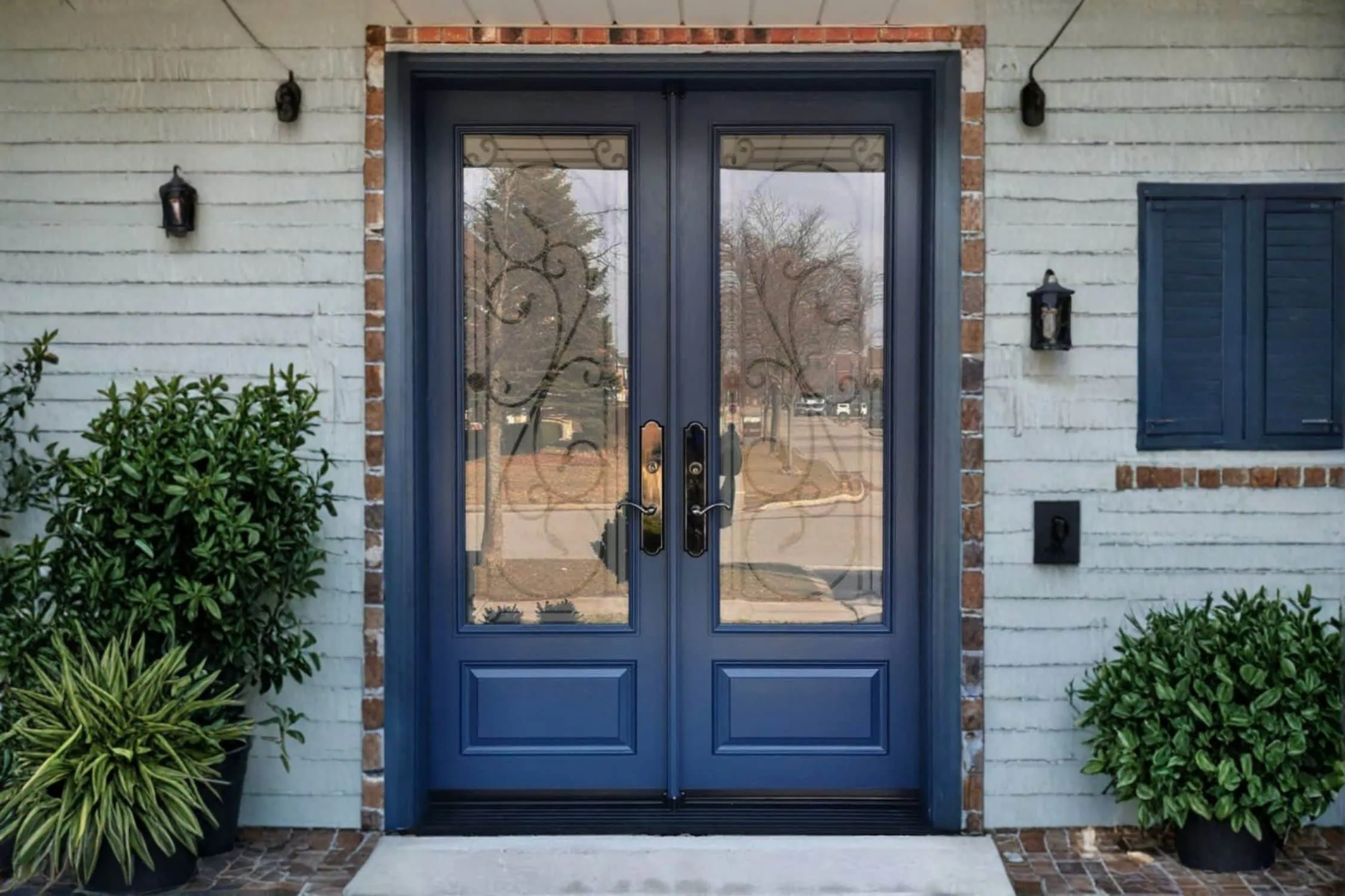 how to insulate double doors - blue double doors with wrought iron glass