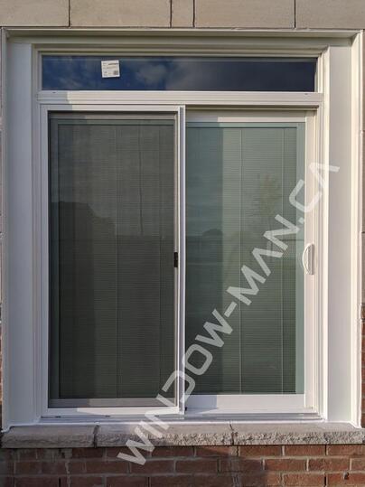 patio doors vinyl sliding in white full glass with mini blinds with transom